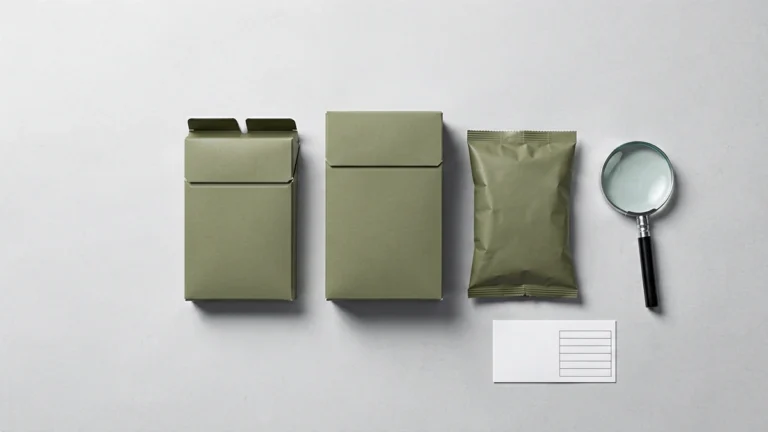 Editorial flat-lay of one plain unbranded carton beside a rigid flip-top hard pack box and a flexible soft paper packet, with a blank catalogue record card and magnifying glass, illustrating soft pack and hard pack wording inside Gexlora carton listing names