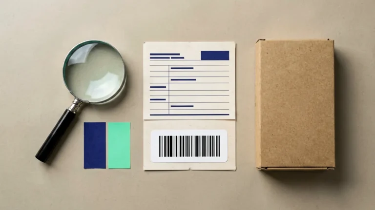 Magnifying glass and generic catalogue record card with blueberry-blue and mint-green reference swatches