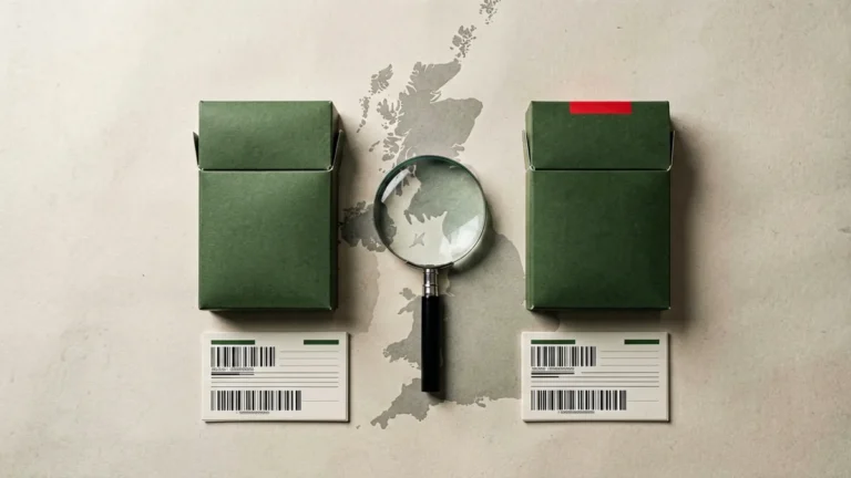 Two plain unbranded cartons with inventory cards and a magnifying glass for comparing Manchester Reserve records