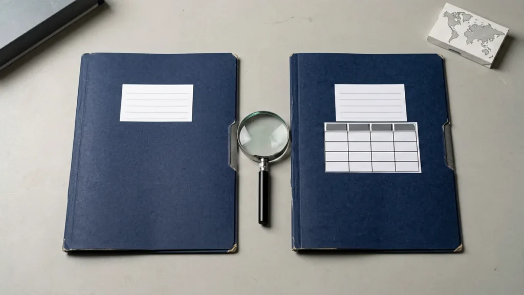 Two blue catalogue record folders with SKU cards and a magnifying glass for comparison