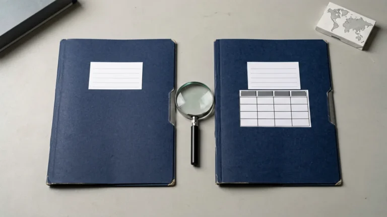 Two blue catalogue record folders with SKU cards and a magnifying glass for comparison