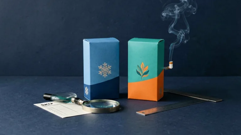 Two unbranded catalogue boxes arranged for comparing Marlboro Ice Blast and Vista Tropical records in Australia