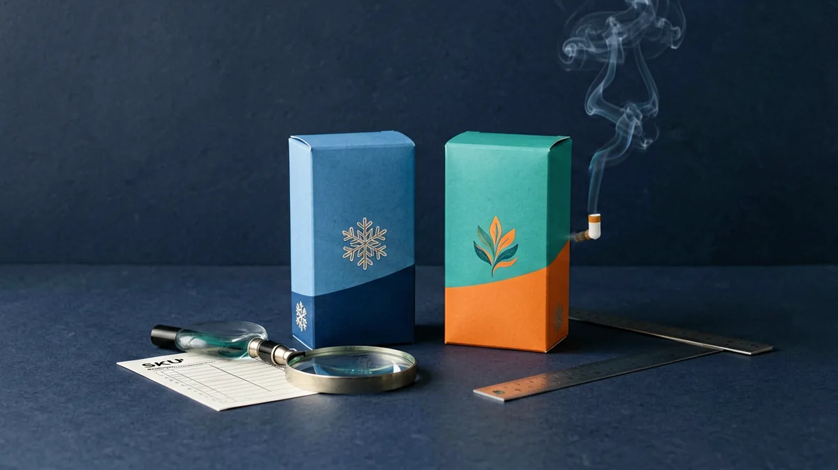 Two unbranded catalogue boxes arranged for comparing Marlboro Ice Blast and Vista Tropical records in Australia