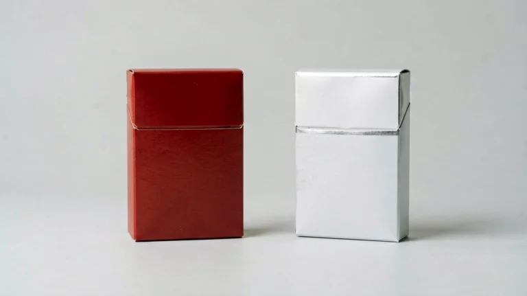 Two unbranded red and white catalogue cartons arranged for a Marlboro record comparison in Australia