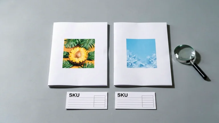 Two unbranded catalogue folders with tropical and ice-blue swatches beside blank SKU cards and a magnifying glass