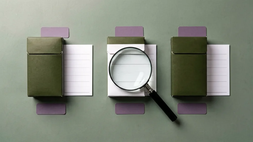 Three plain unbranded cartons with catalogue cards and a magnifying glass for comparing MEVIUS Option Purple records