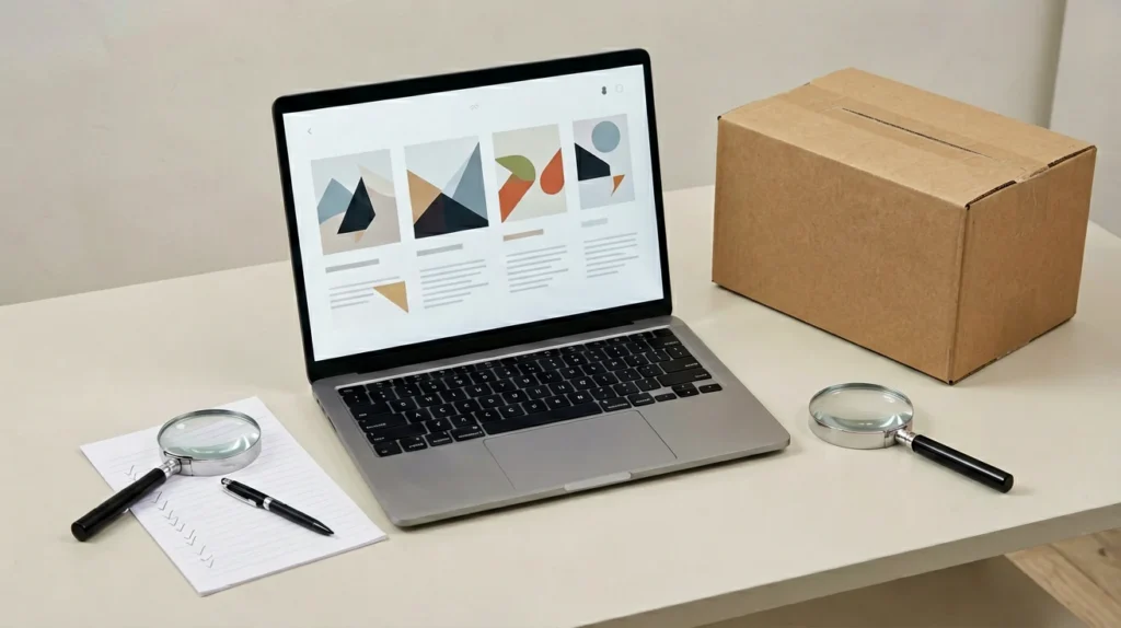 Laptop, checklist, magnifying glass and plain carton arranged for a product enquiry
